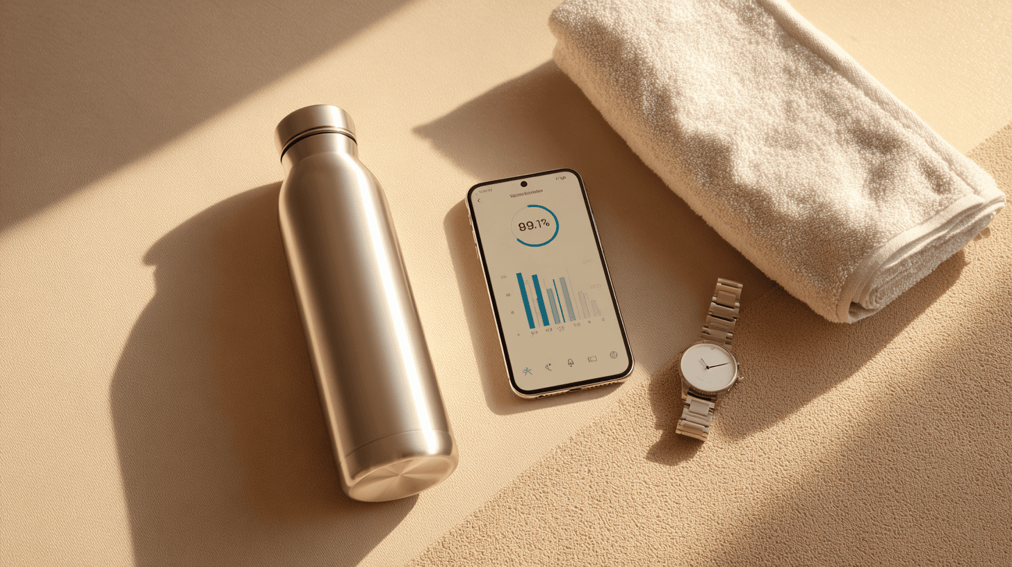 水分補給しながらスマホでトレーニング記録をチェックするアスリート