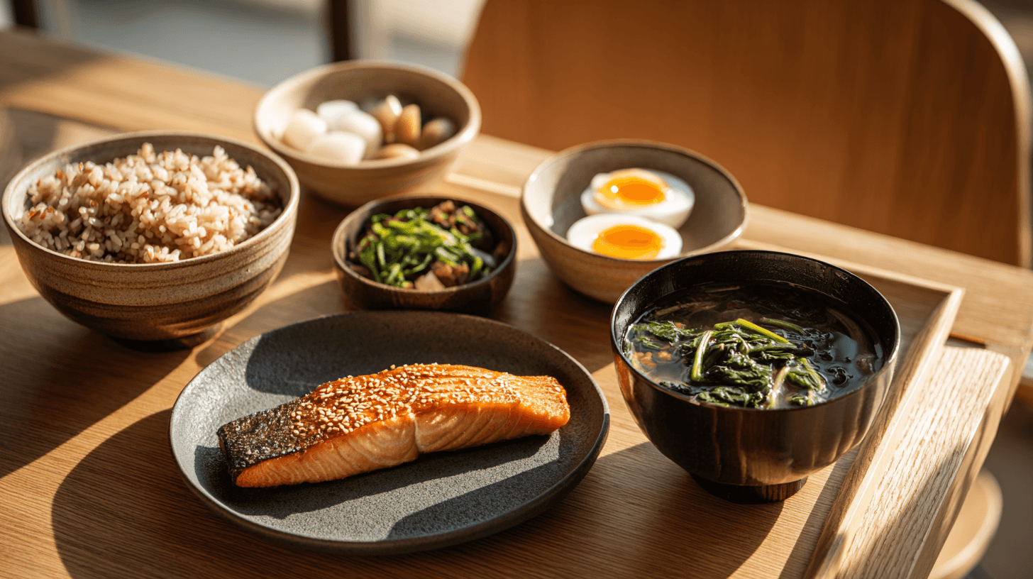 木のテーブルに並ぶ和食の定食セット