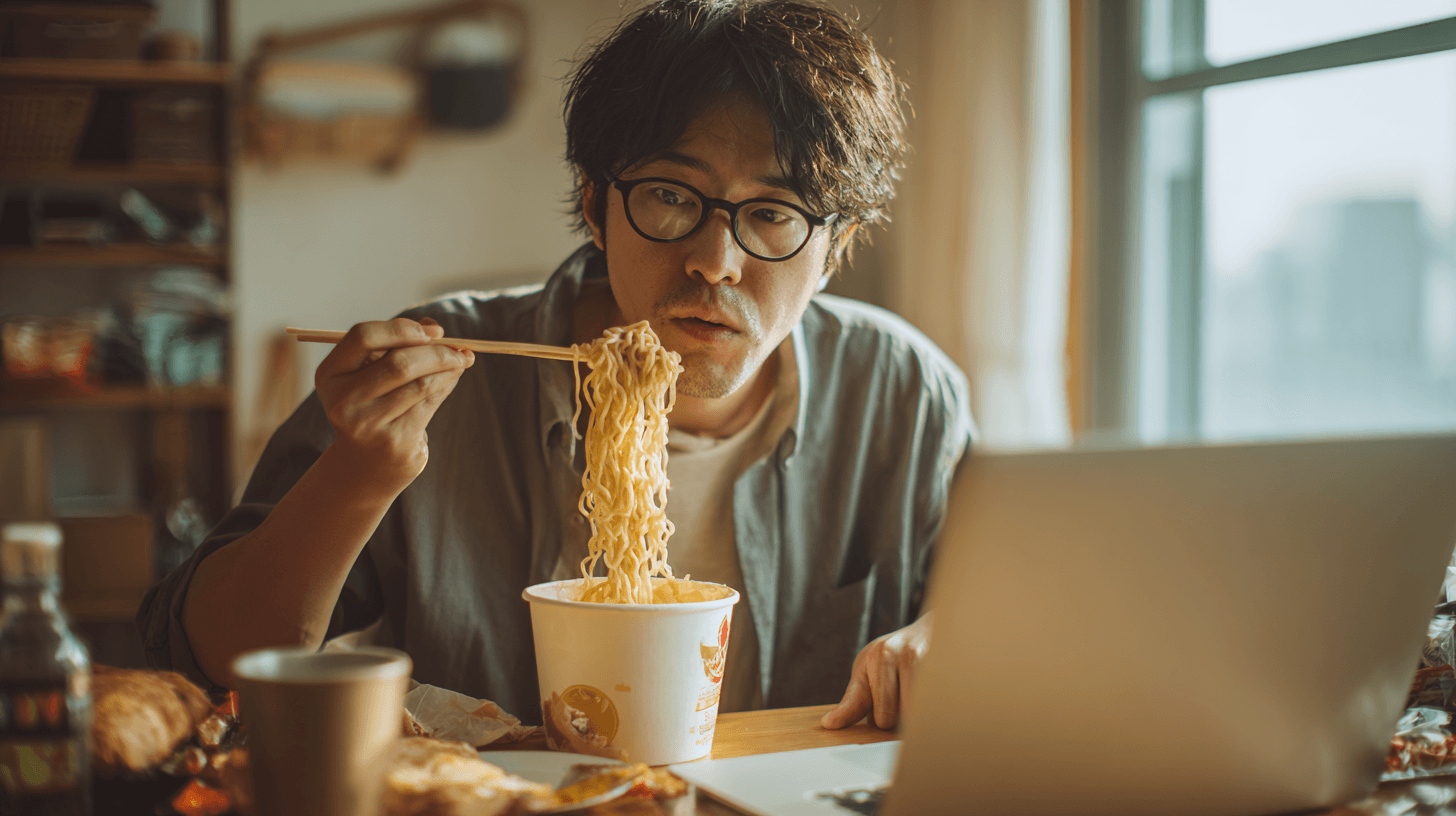 ノートPCの前で食事をする在宅ワーカー